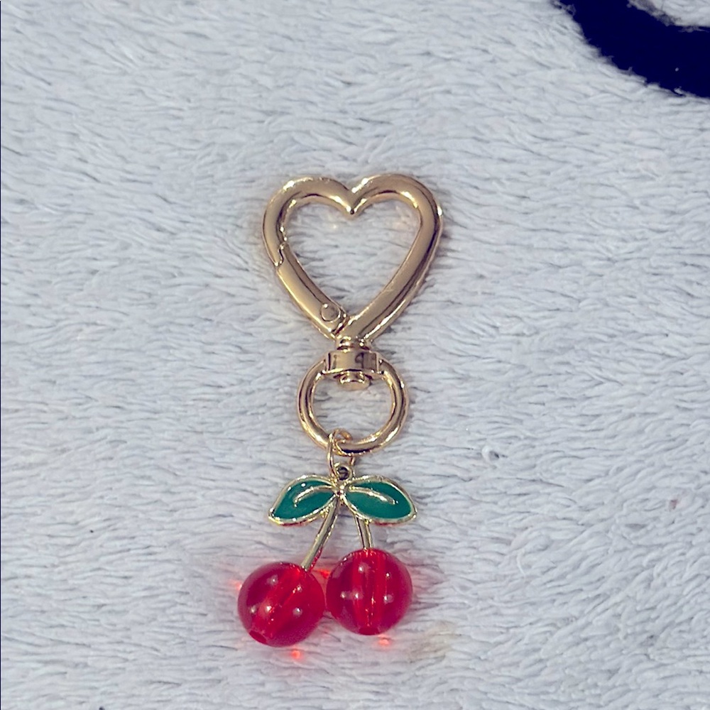 Gold Heart clip with Red Cherry Charm! Perfect addition to any bag or keychain